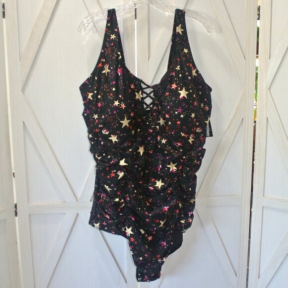 Torrid Black & Gold Foil Star Lattice Wireless One-Piece Swimsuit - Picture 3 of 9
